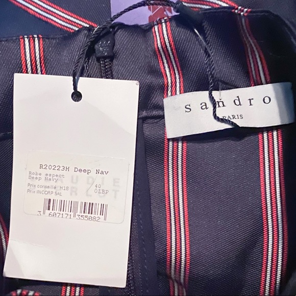 Sandro Deep Navy Blue Striped Respect Satin Dress - Picture 9 of 12